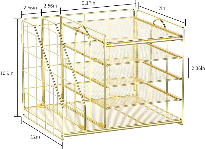 Marbrasse Desk Organizer with File Holder, 5-Tier Paper Letter Tray, Mesh Desk Organizers and Accessories with Magazine Holder, Desktop Organizer and Storage for Office Supplies (Gold)
