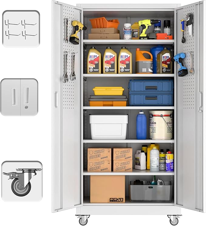 Aobabo Upgraded Garage Storage Cabinets with Wheels,Metal Storage Cabinets with 5 Adjustable Shelves for Garage Home Office Storage, White,71''H*32''W*16''D,Assembly Required