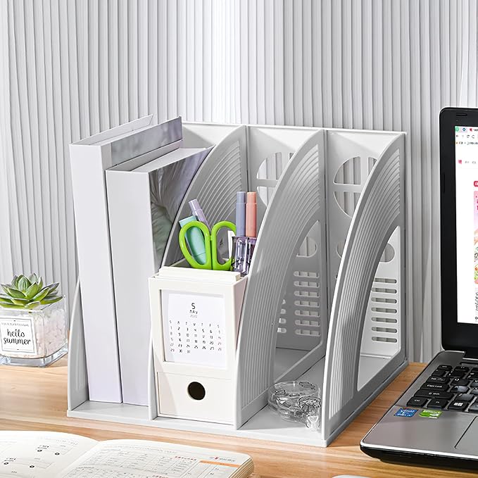SAYEEC Magazine File Holder Folder Storage Desktop Standing Hollow File Bookshelf Organizer Office Racks Displays Holds Notebooks Documents (3 Compartments - Light Grey x 2)