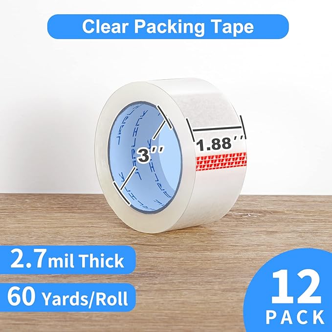 JARLINK Clear Packing Tape (12 Rolls), Heavy Duty Packaging Tape for Shipping Packaging Moving Sealing, 2.7mil Thick, 1.88 inches Wide, 60 Yards Per Roll, 720 Total Yards