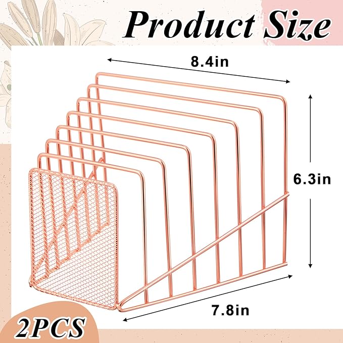 2 Pcs 7 Slot Incline File Sorter Metal Wire Mesh File Racks for Desktop Letter Sorter for Magazine Folder Book Organizer Home Office School Paper Mail Desk Storage Holder (Rose Gold)