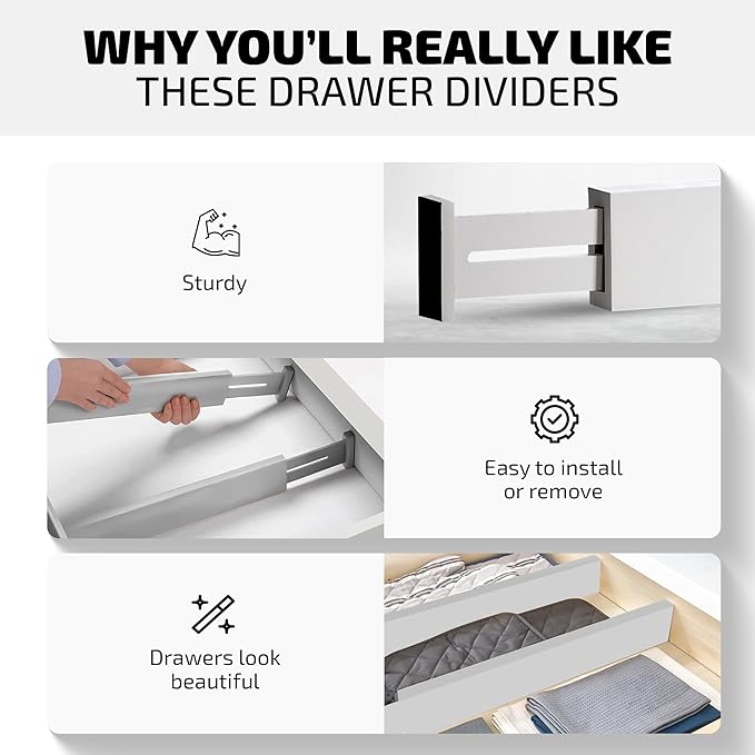 4 Pack Drawer Divider - Bamboo 2.6" High, 12.5-17" Adjustable Drawer Organizers for Clothes, Expandable Dresser Separators in Bedroom/Bathroom/Kitchen/Office Organization and Storage (Grey)