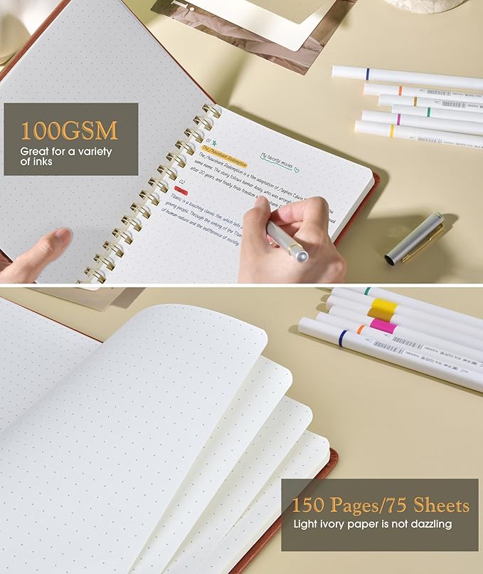 Dotted Spiral Journal Notebook, A5 Hardcover Spiral Journals for Women Men, 100 GSM Dot Grid Paper Notebooks, 150 Pages Spiral Bullet Dotted Notebook for Writing Note Taking 5.75" x 8.38", Brown