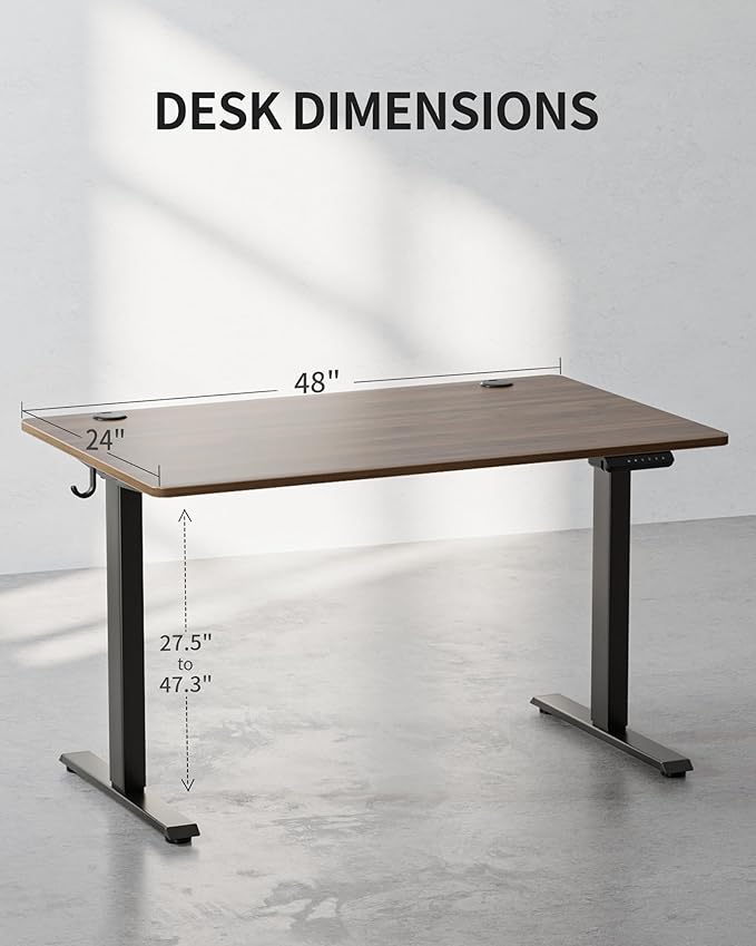FEZIBO One-Piece Standing Desk Adjustable Height Stand up Home Office Desk, 48x24 Inch Electric Standing Computer Desk, with 4 Memory Presets, Fixable casters, Black Walnut