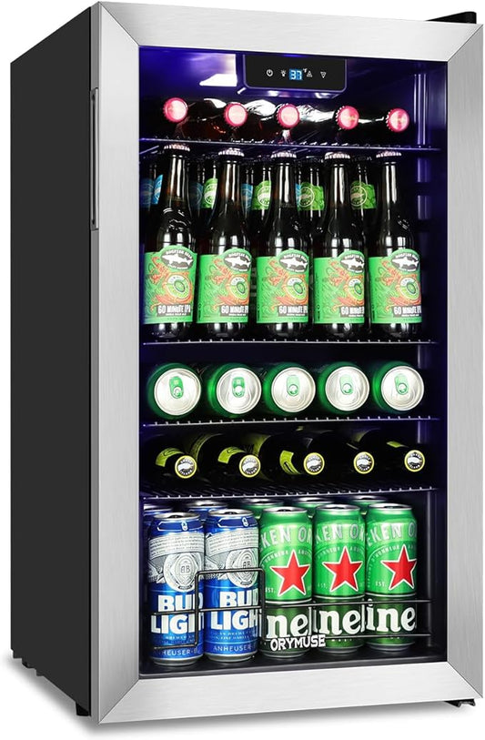 120 Can Beverage Refrigerator – Mini Fridge with Glass Door for Soda Beer or Wine, Beverage Cooler for Bedroom, Office, Bar with Adjustable Shelves & Digital Temperature Display, Silver