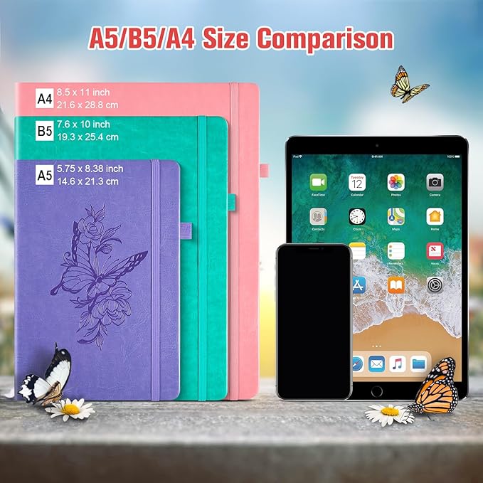 Lined Notebook Journal for Women, 312 Numbered Pages Large A4 Thick Leather Journals for Writing, Daily Notebooks for Work Travel, Hardcover College Ruled Notebook, Butterfly Aesthetic Notebook, Red