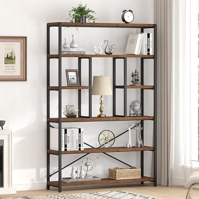 LVB Rustic Bookcases and Book Shelves, Metal Wood 6 Tier Bookshelf and Book Rack Storage, Industrial Vertical Display Etagere Book Case 6 Shelf, Vintage Large Book Shelf for Bedroom Living Room, Brown