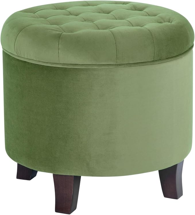HomePop by Kinfine Fabric Upholstered Round Storage Ottoman - Velvet Button Tufted Ottoman with Removable Lid, Dark Green Small