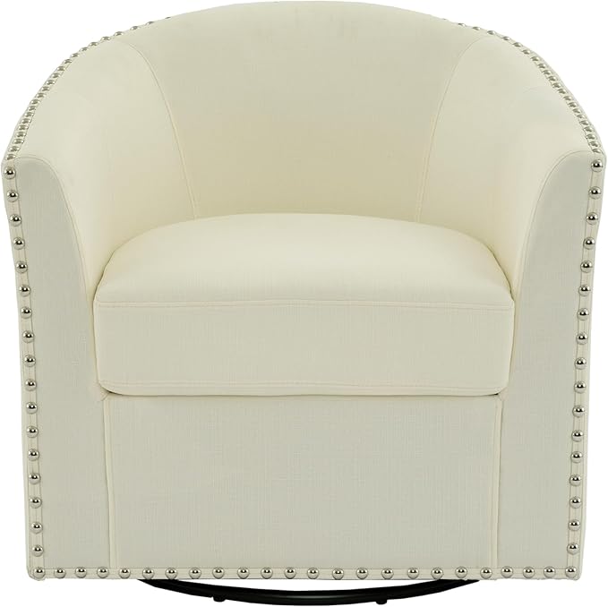 UIXE 360° Swivel Barrel Accent Chair Set of 2, Modern Upholstered Arm Chair Round Club Armchair, Nailhead Trim Single Sofa Seating in Fabric for Living Room - White