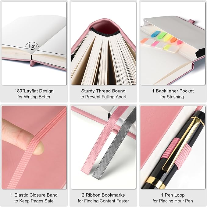 Lined Notebook Journal for Women, 312 Numbered Pages A5 Thick Leather Journal, 100gsm Paper Daily Journal for Work Travel, Hardcover College Ruled Notebook, Giftable Butterfly Floral Notebook, Pink