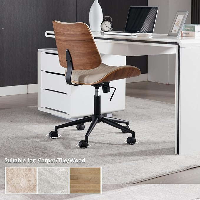 Home Office Chair No Arms with Wheels, Adjustable Height Small Desk Chair, PU Leather Mid Back 360 Swivel Computer Chair, Armless Modern Walnut Chair for Office, Reading Meeting Room(Beige)