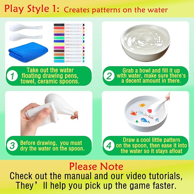 Kiddies Create Magical Floating Drawings Bundle, 12 Colors Magic Drawing Pens for Kids Water, Magical Water Painting Pen Set with Spoons & Towel, Water Art Markers for Tattoo, Gifts for Boys & Girls