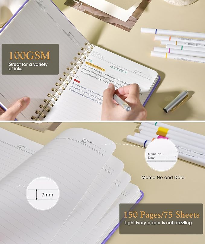 Lined Spiral Journal Notebook, A5 Hardcover Spiral Journals for Women Men, 150 Numbered Pages Spiral Bound Notebook, 100 GSM College Ruled Notebooks for Writing Note Taking 5.75" x 8.38", Purple