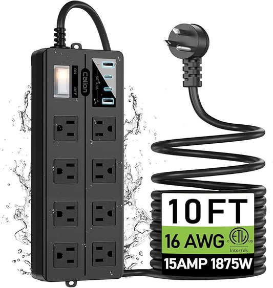 Outdoor Power Strip Weatherproof,Waterproof Surge Protector with 8 Wide Outlet with 2 USB-A and 2 USB-C, 10FT Extension Cord,1875W Overload Protection,Outlet Extender for Patio,Outdoor Decorations