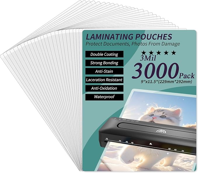 Laminating Sheets - 3Mil 3000 Pack Thermal Laminating Pouches, 9"x11.5" Clear Laminate Sheets for Schedules, Menus, Certificates, Art Drawings, Round Corner