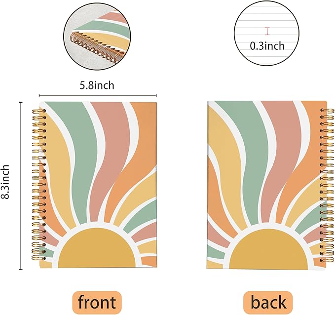 VNWEK Groovy Boho Notebook - Boho Journal, Boho Gifts for Women, Boho Office Supplies, Vintage Boho Sun Sunshine Spiral Notebook 5.5x8.3,Writing Notebooks
