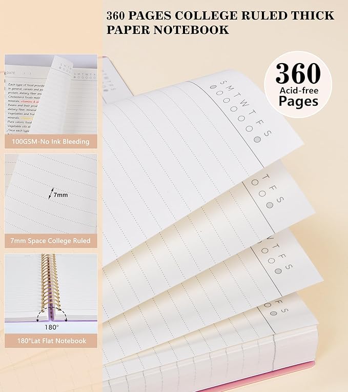 Pink Spiral Notebook Journal College Ruled 8.5''x 11'', 360 Pages Lined Thick Journals for Women Men, A4 Large Spiral Notebooks with 100GSM Paper, Spiral Journaling for Writing Work, School