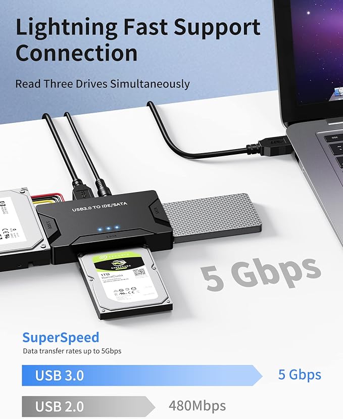 POSUGEAR USB 3.0 to IDE/SATA Adapter, External Hard Drive Reader, Universal 2.5"/3.5" HDD/SSD Converter, 12V/2A Power Adapter
