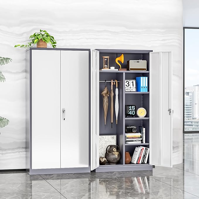 INTERGREAT Metal Storage Cabinet,72 Tall Armoire Wardrobe Closet with Doors,Grey White Storage Locker Cabinets with Adjustable Shelves and Removable Hanging Rods