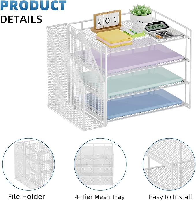 Marbrasse Desk Organizer and Accessories，4-Tier Paper Letter Tray Organizer with File Holder，Desk Accessories & Workspace Desktop Organizers for School Home Office Supplies (White)