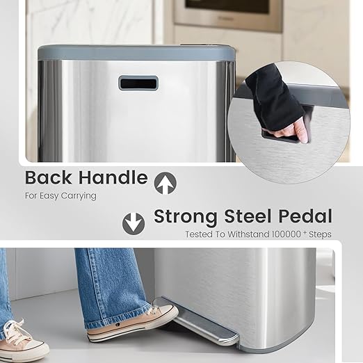 Kitchen Trash Can 16 Gallon, 2 x 30 Liters Trash and Recycle bin Combo, Dual Compartment & Soft Close Lid, Stainless Steel Trash Can, Fingerprint-Proof, 60L Pedal Recycling Bin