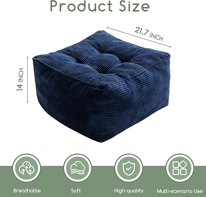HIGOGOGO Square Stuffed Pouf Ottoman, Corduroy Poufs with Foam Chunk Filling, Furry and Fluffy Pouf Foot Stool Storage Ottoman, 21 X 21 Floor Poufs Foot Rest for Living Room, Navy