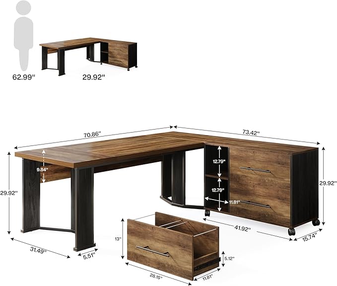 Tribesigns 70.86" Executive Desk with Mobile File Cabinet, Large L Shaped Computer Office Desk with 2 Drawers and Storage Shelves, Business Furniture Desk Workstation for Home Office (Rustic Brown)