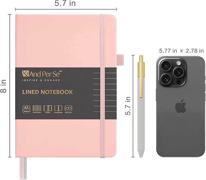 A5 Lined Leather Journal and Pen Set, Hardcover Notebook with Pen, 160 Pages 100gsm Thick Ruled Paper for Men Women, for Work, Business, School or Home Writing, 5.7'' x 8'' (Pink-Set1)