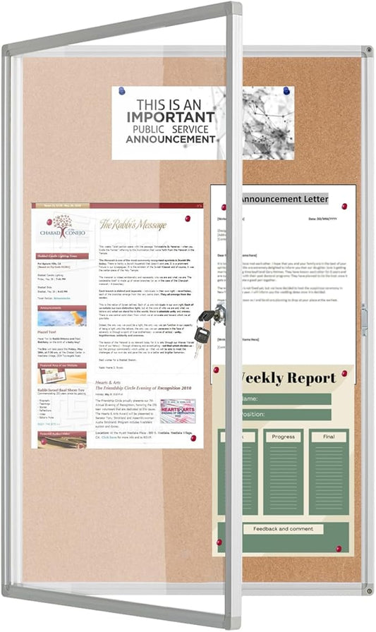 Lockable Display Case 24x36 - Enclosed Cork Bulletin Board with Locking Door, Wall Mounted Aluminum Notice Board for Office, School, Posters, Cards