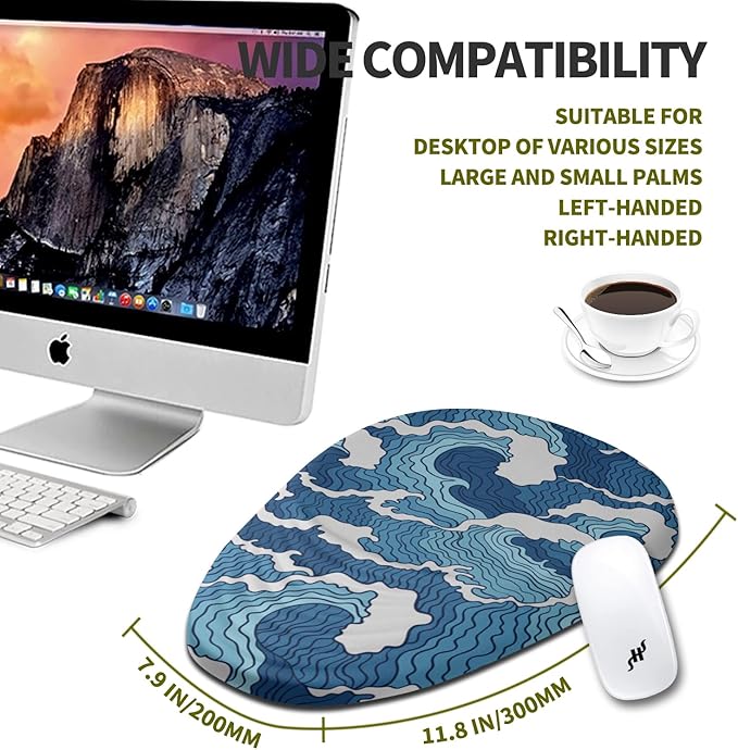 Hokafenle Ergonomic Mouse Pad Wrist Support, Terraced Slope Carpal Tunnel Wrist Pad for Mouse with Unibody Memory Foam, Wrist Rest Pain Relief Mousepad (Abstract Waves, 11.8x7.9 in)