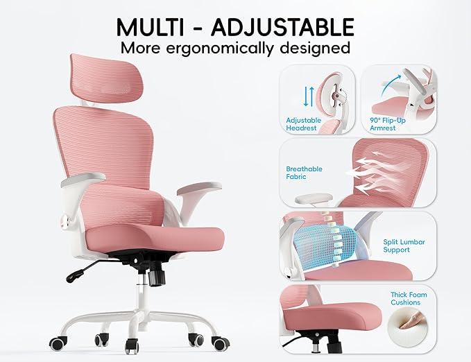 TRALT Office Chair - Ergonomic Office Chair with Back Support, Computer Chair - Home Office Desk Chairs, 330lbs Wide Seat Big and Tall Office Chairs with Headrest, Comfy Desk Chairs (Pink)