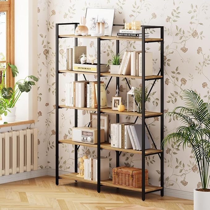 BON AUGURE Industrial Bookshelves and Bookcases, 5 Tier Heavy Duty Etagere Shelving Unit, Farmhouse Rustic Wood Metal Book Shelves for Office, Living Room and Bedroom (Vintage Oak)