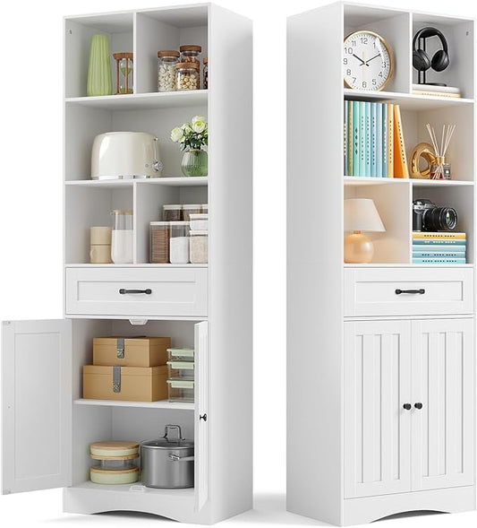 Gizoon Storage Cabinet, 71'' H Kitchen Storage Cabinet with Doors & Drawers, Kitchen Pantry with Adjustable Shelves, Anti-tip, Metal Handle, for Living Room, Office, Bathroom, White