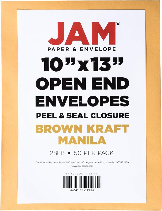 JAM PAPER 10 x 13 Open End Catalog Premium Envelopes with Peel and Seal Closure - Brown Kraft Manila - 50/Pack