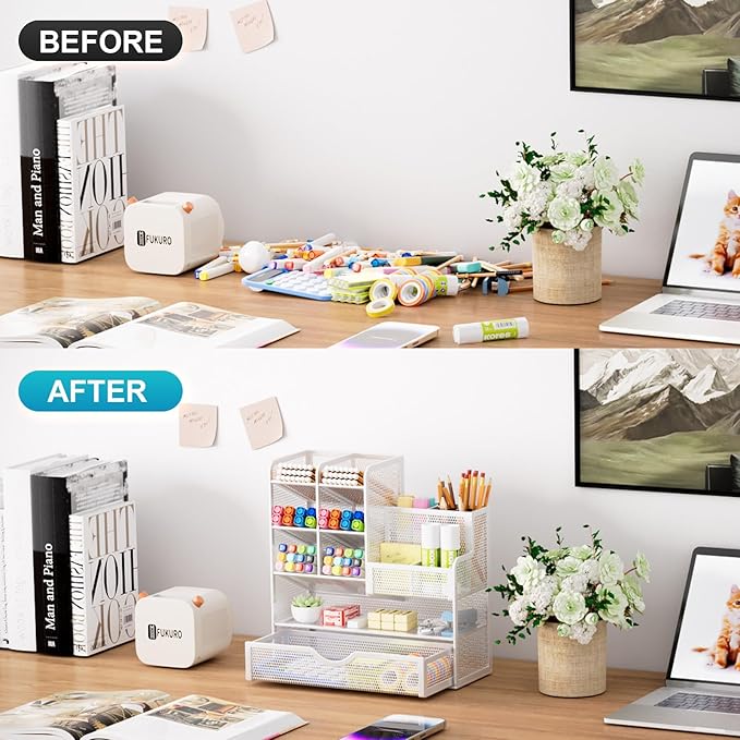 Marbrasse Mesh Pen Holder for Desk, Multi-Functional Pencil Organizer with Drawer, Desk Organizers and Accessories for Office Art Supplies (White)