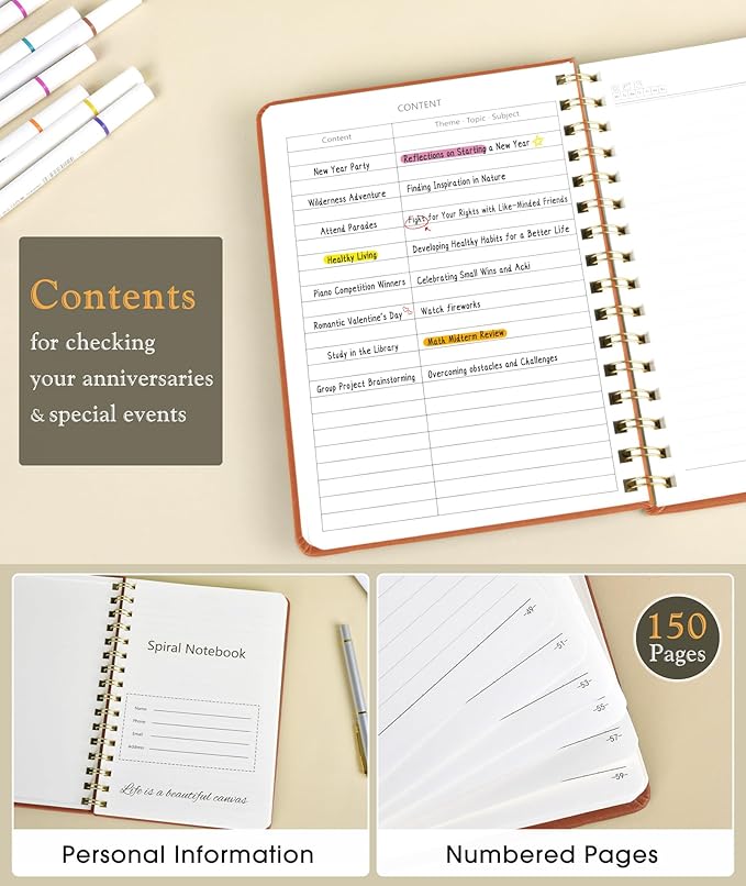 Lined Spiral Journal Notebook, A5 Hardcover Spiral Journals for Women Men, 150 Numbered Pages Spiral Bound Notebook, 100 GSM College Ruled Notebooks for Writing Note Taking 5.75" x 8.38", Brown