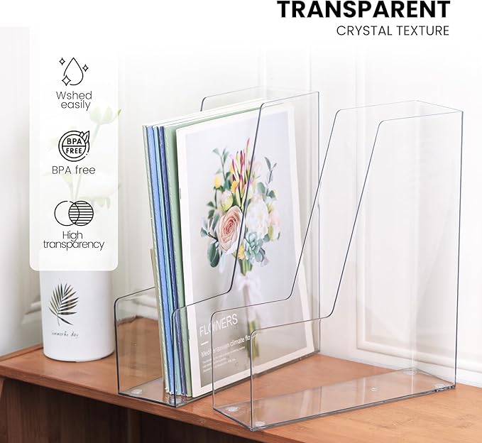 Vertical Magazine File Holder, Clear File Organizer Desk Organizer and Storage Bins Holding for Magazines, Binders, Notebooks, Envelopes, Plastic Office Organization and Storage for Desk, 4 pack