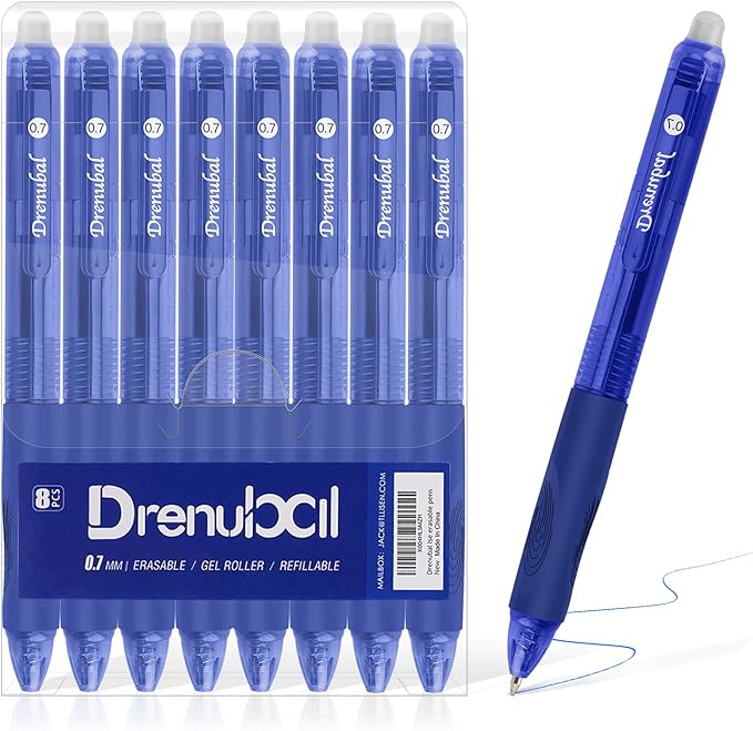 8-Pack Erasable Ink Pens with Built-in Eraser | 0.7mm Fine Point Gel Pens for Smooth Writing - Gel Pens for School, Office, Journals & Exams,Blue pens,Blue Ink pens