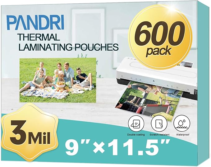 Laminating Sheets, PANDRI 600 Pack Thermal Laminator Pouches Holds 8.5 x 11 Inch, 3 Mil Clear Laminator Paper 9 x 11.5 Inch, Letter Size