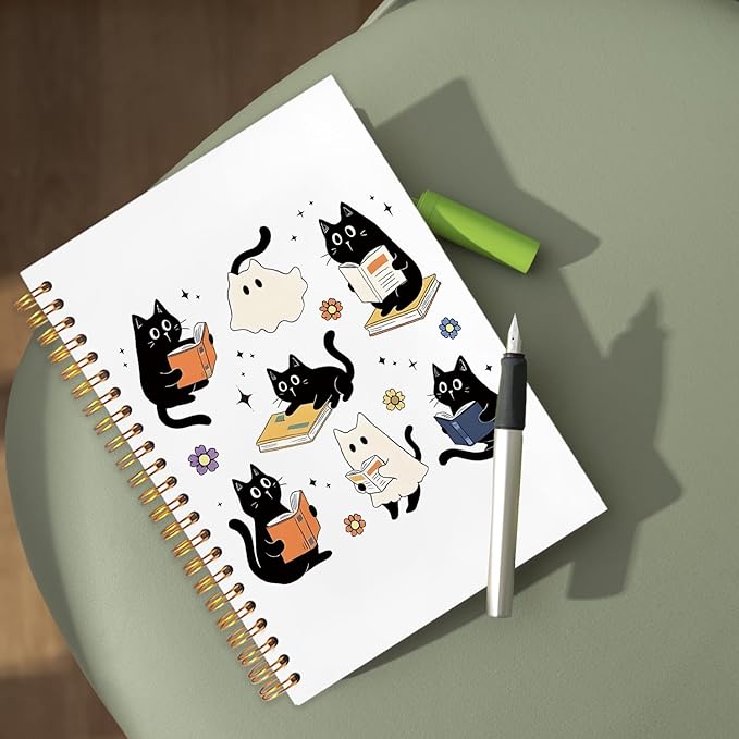 WUCHJ Halloween Ghost Black Cat Notebook, Cat Reading Journal for Book Lovers, Spooky Ghost Bookish Spiral Notebook Journal for Note Taking, Book Lover Gifts, Halloween Office Supplies, 5.5x8.3 Inch