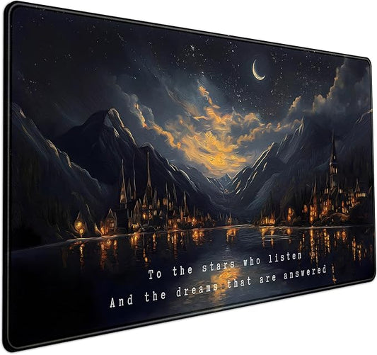 Starry Night Mountain Desk Pad Mat Moon Oil Painting XXL Black Mouse Pad for Gaming Deskpad, Aesthetic Moon and Stars Mousepad Xxl for Laptop Computer Mouse Game Keyboard Mat, 31.5 X 15.8 In