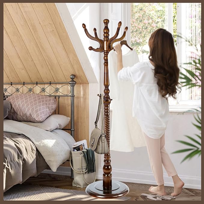 Wooden Coat Rack Freestanding, Vintage Coat Racks with Sturdy Round Base, Adjustable Height 37.40"-72.83" Entrance Coat Rack for Bedroom Living Room Entryway (Vintage Circular)