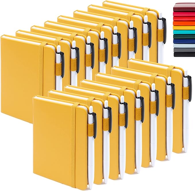 feela 15 Pack Pocket Small Notebooks Bulk, Mini Cute Notepads Hardcover College Ruled Lined Journals with Pen Holder for School Business Memos, with 15 Black Pens, 3.5”x 5.5”, A6, Yellow