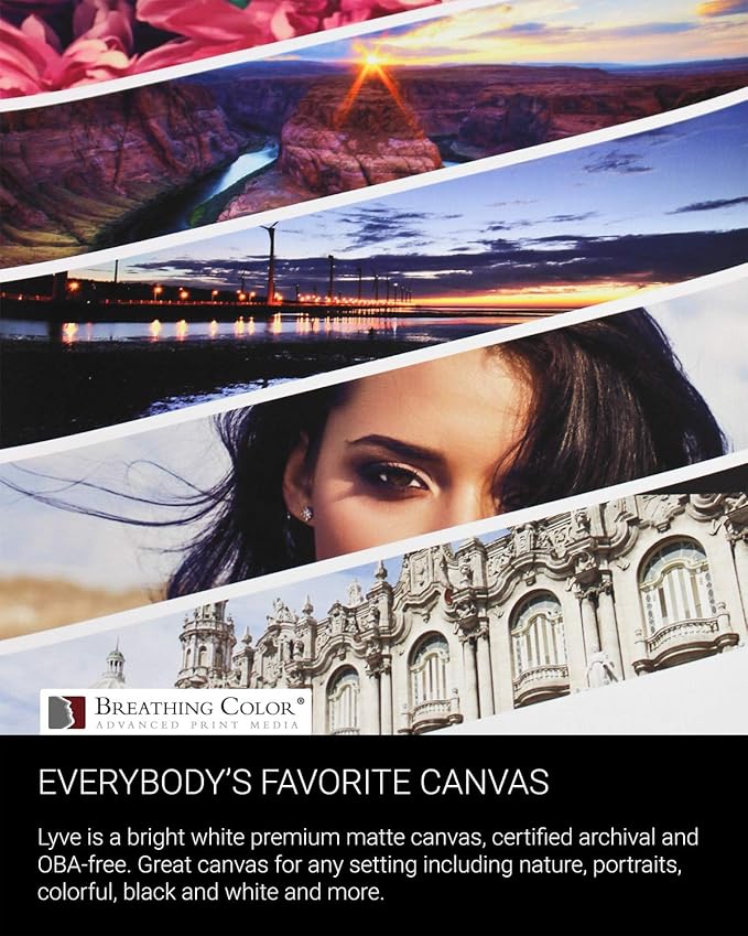 Premium Lyve Matte Canvas Paper Perfect For Use on Professional Makes and Models of Epson, Canon and HP printers preferred by Professionals. 19 mil textured Canvas offered in a 60 inch by 40 ft roll