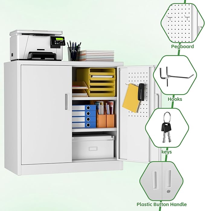 Aobabo 31.5" H Small Garage Storage Cabinet with Pegboard,Lockable File Storage Cabinet with 2 Adjustable Shelves for Garage, Office, School, Assembly Require, White