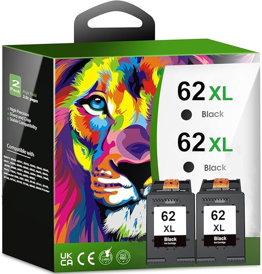 Printer Ink 62 XL 62XL Envy 7645 Black for HP 62 XL Ink Cartridge HP Ink 62 62XL Ink Cartridges Black HP62 HP62BK with Envy 5540 5544 5545 5642 5660 5664 7640 7645, OfficeJet 200 250 258