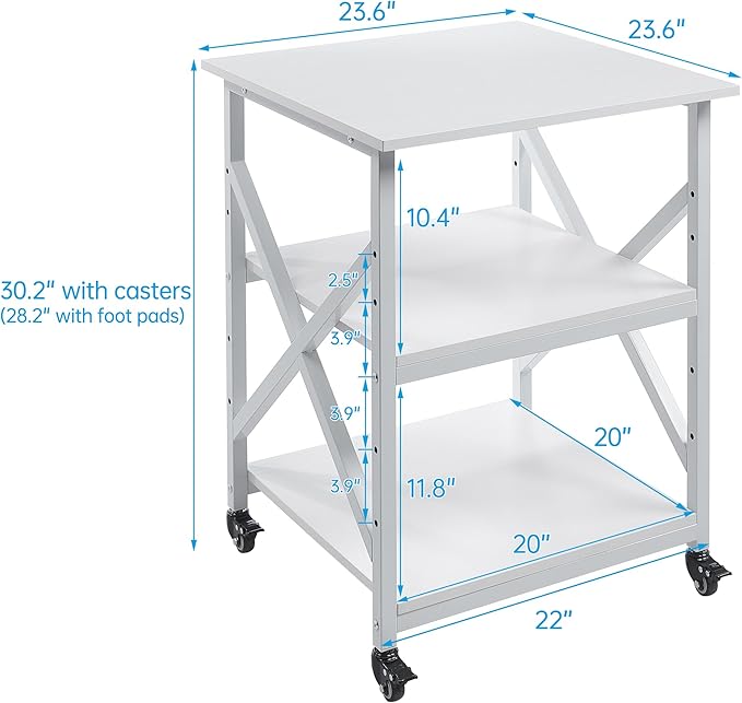 Large Printer Stand with Height Adjustable Storage Shelf, 23.6 x 23.6 Inches Square Printer Table with Industrial Wheels, Multi-use 3 Tier Rolling Printer Cart for Home Office - White