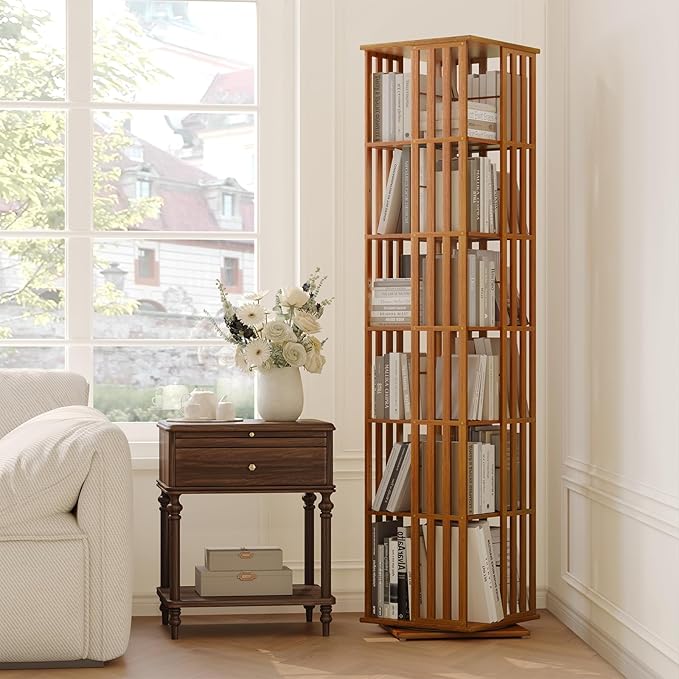 Rotating Bookshelf Tower, 360 Display Spinning Bookcase, Bamboo Bookshelf Floor Standing Storage Rack, Wood Narrow Book Shelf Organizer for Kids&Adults, Walnut 6 Tier