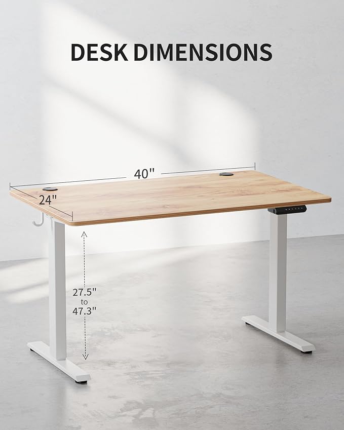 FEZIBO One-Piece Standing Desk Adjustable Height Stand up Home Office Desk, 48x24 Inch Electric Standing Computer Desk, with 4 Memory Presets, Fixable casters, Light Rustic