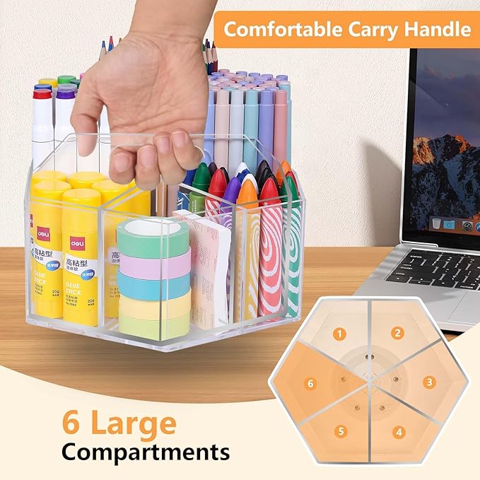 Pen Holder for Desk Acrylic, Large 6 Slots 360-Degree Rotating Marker Organizer Pencil Holder, Caddy Art Supply Organizer Crayon Organizers for Office School